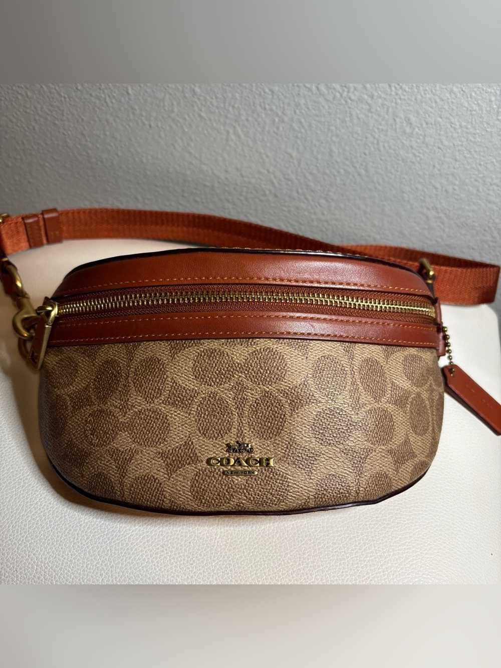 Coach Brown Signature Canvas Crossbody Belt Bag with Tan Leather Trim